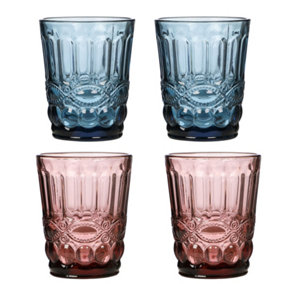 Set of 4 Vintage Blue & Pink Drinking Tumbler Whisky Glasses