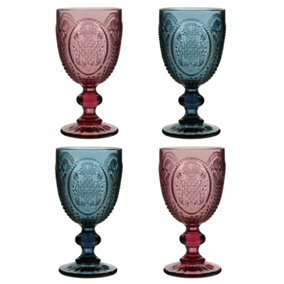 Set of 4 Vintage Blue & Pink Drinking Wine Glass Goblets