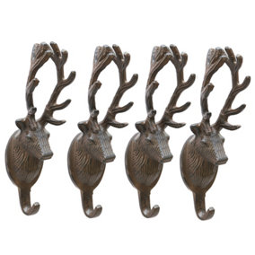 Set of 4 Vintage Cast Iron Stag Wall Hooks Country Lodge Style Antique Brown Hallway Kitchen Bedroom Coat Peg Bathroom Towel Hooks