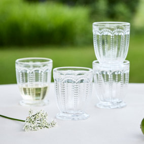 Set of 4 Vintage Clear Embossed Drinking Short Tumbler Whisky Glasses