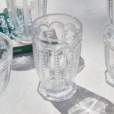 Set of 4 Vintage Clear Embossed Drinking Tall Tumbler Glasses Father's Day Wedding Decorations Ideas