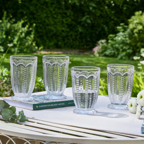 Set of 4 Vintage Clear Embossed Drinking Tall Tumbler Glasses Wedding Decorations Ideas