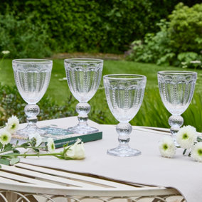 Set of 4 Vintage Clear Embossed Drinking Wine Goblet Glasses Wedding Decorations Ideas