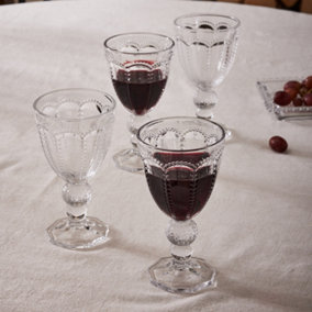 Set of 4 Vintage Clear Embossed Drinking Wine Goblet Glasses