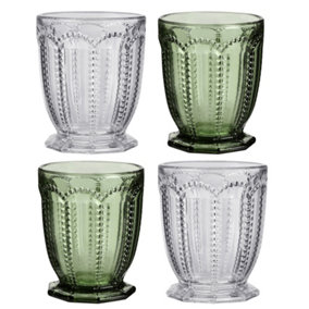 Set of 4 Vintage Clear & Green Embossed Short Drinking Tumbler Whisky Glasses