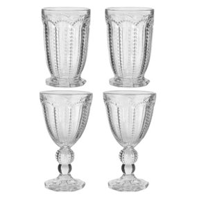Set of 4 Vintage Drinking Clear Embossed Wine Glass Goblets & Tall Tumbler Whisky Glasses Father's Day Gifts Ideas