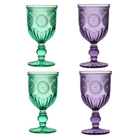 Set of 4 Vintage Embossed Purple & Turquoise Drinking Wine Glass Goblets Father's Day Wedding Decorations Ideas