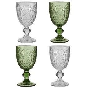 Set of 4 Vintage Green & Clear Drinking Wine Glass Goblets