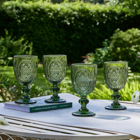 Set of 4 Vintage Green Drinking Goblet Wine Glasses