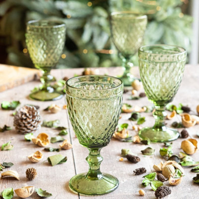 Set of 4 Vintage Green Embossed Diamond Drinking Wine Glass Goblets