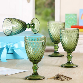 Set of 4 Vintage Green Embossed Diamond Drinking Wine Glass Goblets