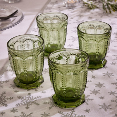 Set of 4 Vintage Green Embossed Drinking Short Tumbler Whisky Glasses Wedding Decorations Ideas