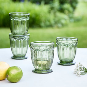Set of 4 Vintage Green Embossed Drinking Short Tumbler Whisky Glasses
