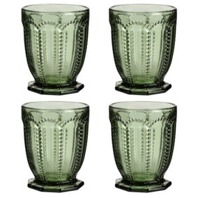 Set of 4 Vintage Green Embossed Drinking Short Tumbler Whisky Glasses