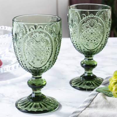 Set of 4 Vintage Green Embossed Short Tumbler & Goblet Drinking Whisky Glasses Father's Day Wedding Decorations Ideas