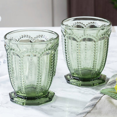 Set of 4 Vintage Green Embossed Short Tumbler & Goblet Drinking Whisky Glasses Father's Day Wedding Decorations Ideas