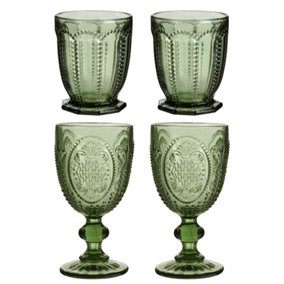 Set of 4 Vintage Green Embossed Short Tumbler & Goblet Drinking Whisky Glasses