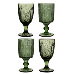 Set of 4 Vintage Green Embossed Wine Glass Goblets & Trailing Leaf Christmas Drinking Tumbler Glasses