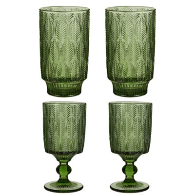 Set of 4 Vintage Green Embossed Wine Glass Goblets & Trailing Leaf Drinking Tall Tumbler Glasses