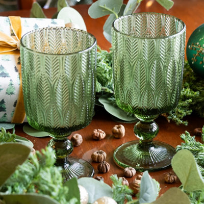 Set of 4 Vintage Green Embossed Wine Glass Goblets & Trailing Leaf Drinking Tall Tumbler Glasses