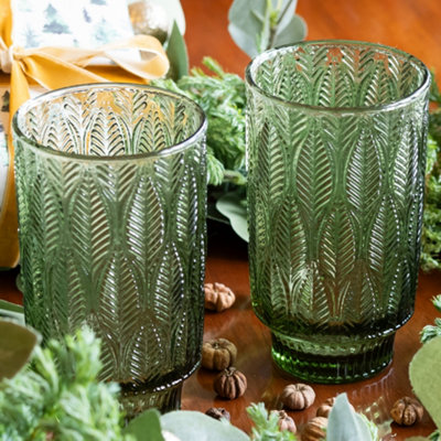 Set of 4 Vintage Green Embossed Wine Glass Goblets & Trailing Leaf Drinking Tall Tumbler Glasses