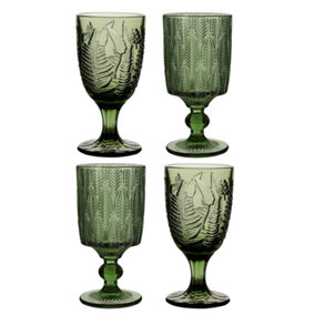 Set of 4 Vintage Green Embossed Wine Glass Goblets & Trailing Leaf Drinking Tumbler Glasses Wedding Decorations Ideas