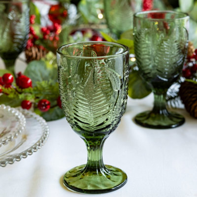 Set of 4 Vintage Green Embossed Wine Glass Goblets & Trailing Leaf Drinking Tumbler Glasses