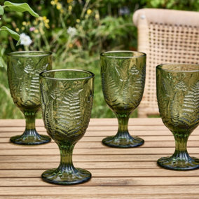 Set of 4 Vintage Green Leaf Embossed Drinking Wine Glass Goblets Father's Day Gifts Ideas