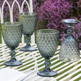 Set of 4 Vintage Grey Diamond Embossed Drinking Wine Glass Goblets