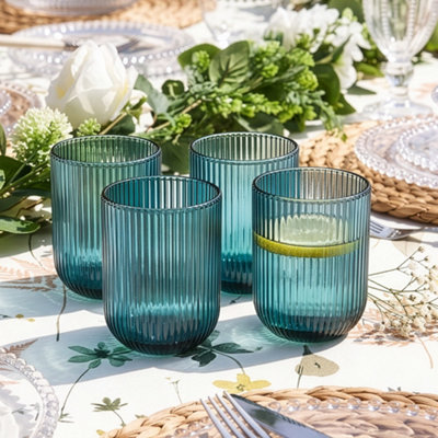 Set of 4 Vintage Luxury Blue Ribbed Short Whisky Glass Tumbers Spring ...