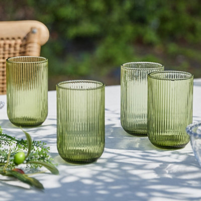 Set of 4 Vintage Luxury Green Ribbed Highball Drinking Glass Tumblers ...