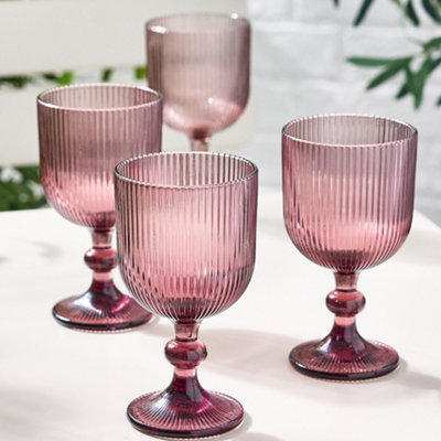 Set of 4 Vintage Luxury Pink Ribbed Drinking Glass Wine Goblets Festive ...