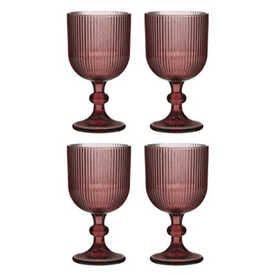 Set of 4 Vintage Luxury Pink Ribbed Drinking Glass Wine Goblets Festive ...