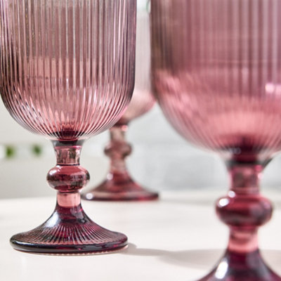 Set of 4 Vintage Luxury Pink Ribbed Drinking Glass Wine Goblets Festive ...