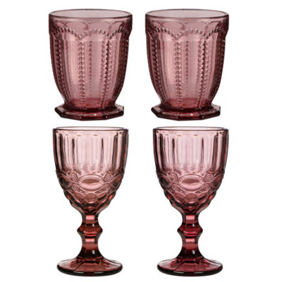Set of 4 Vintage Luxury Rose Quartz & Purple Drinking Glass Wine ...