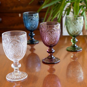 Set of 4 Vintage Mix Match Pink, Blue, Clear & Green Drinking Wine Glass Goblets