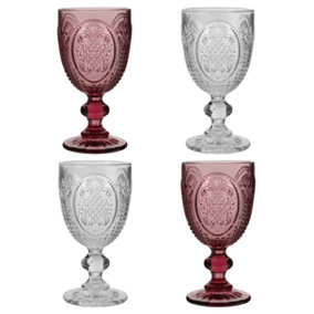 Set of 4 Vintage Pink & Clear Drinking Wine Glass Goblets