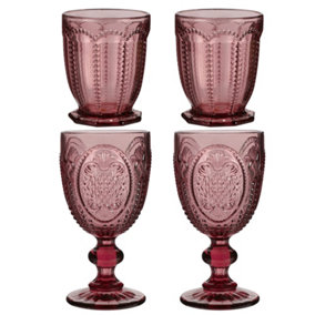 Set of 4 Vintage Pink Embossed Short Tumbler & Goblet Drinking Whisky Glasses