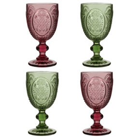 Set of 4 Vintage Pink & Green Drinking Wine Glass Goblets