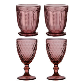Set of 4 Vintage Purple Embossed Drinking Short Tumbler & Goblet Whisky Glasses