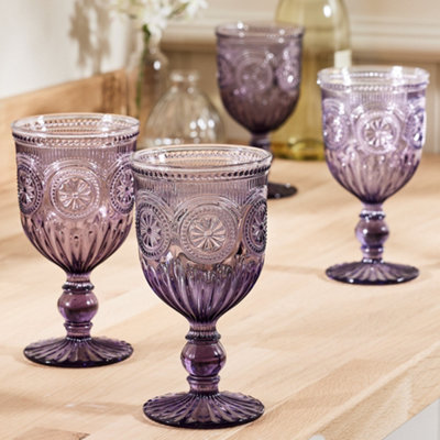 Set of 4 Vintage Purple Embossed Drinking Wine Glass Goblets Wedding Decorations Ideas