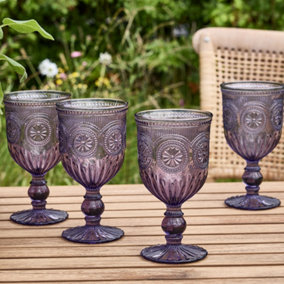 Set of 4 Vintage Purple Embossed Drinking Wine Glass Goblets Wedding Decorations Ideas