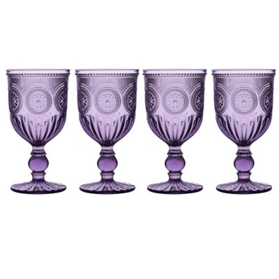Set of 4 Vintage Purple Embossed Drinking Wine Glass Goblets Wedding Decorations Ideas
