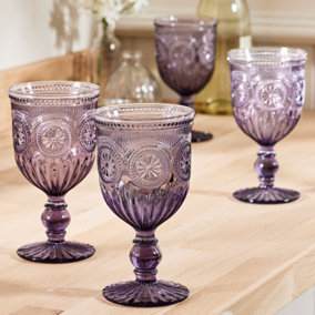 Set of 4 Vintage Purple Embossed Drinking Wine Glass Goblets