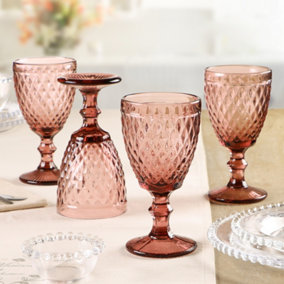 Set of 4 Vintage Red Diamond Embossed Drinking Wine Glass Goblets