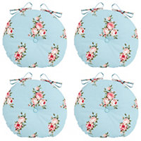 Set of 4 Vintage Rose Blue Round Indoor Furniture Dining Chair Seat Pads