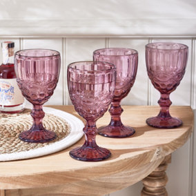 Set of 4 Vintage Rose Quartz Drinking Wine Glass Goblets