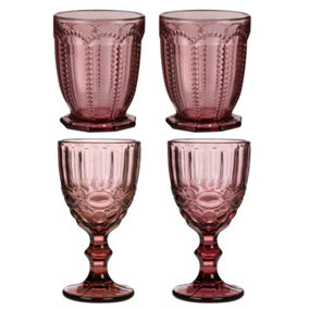Set of 4 Vintage Rose Quartz & Purple Drinking Wine Glass Goblets