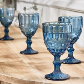 Set of 4 Vintage Sapphire Blue Christmas Drinking Wine Glass Goblets