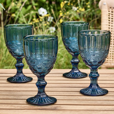 Set of 4 Vintage Sapphire Blue Drinking Wine Glass Goblets Father's Day Wedding Decorations Ideas